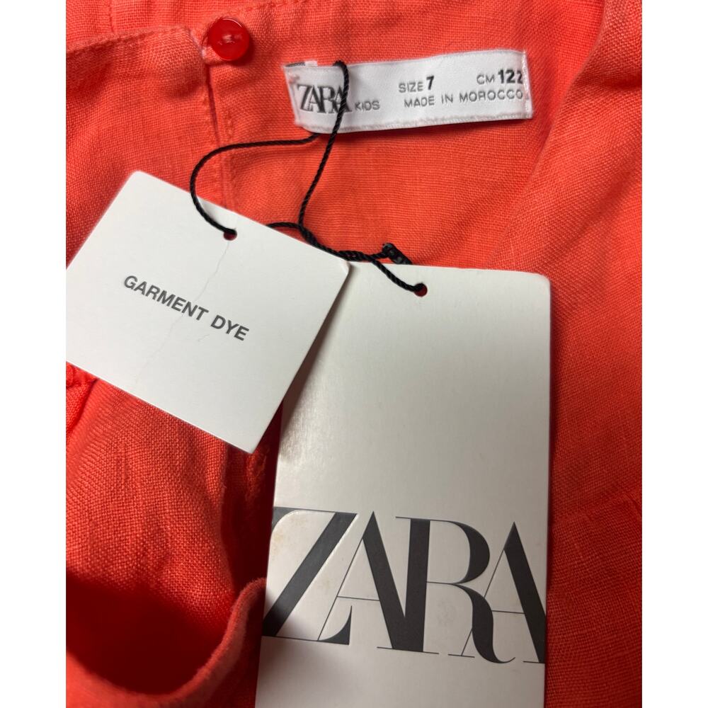 Zara Girls Linen Dress Orange Flutter Sleeve Ruffle Hem Summer Size 7 NWT New - Picture 5 of 7